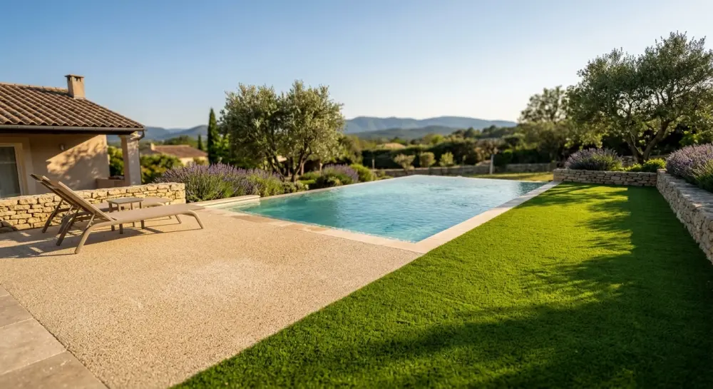 Plage de piscine aménagée par Gonsalves Paysages dans les Alpes-de-Haute-Provence