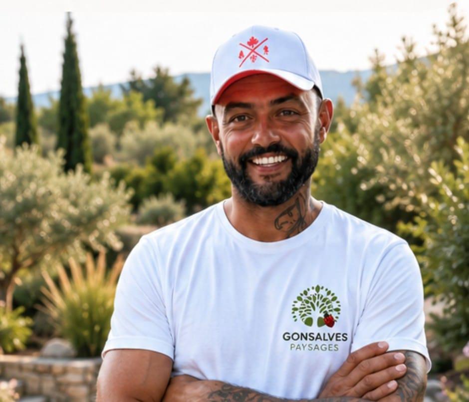 Julien Gonsalves, paysagiste à Villeneuve, devant un jardin méditerranéen